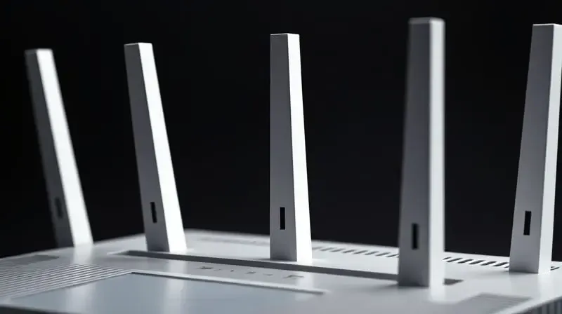 Roteador Wi-Fi 6 com antenas emitindo sinais, representando padrões Wi-Fi avançados para velocidade superior.
