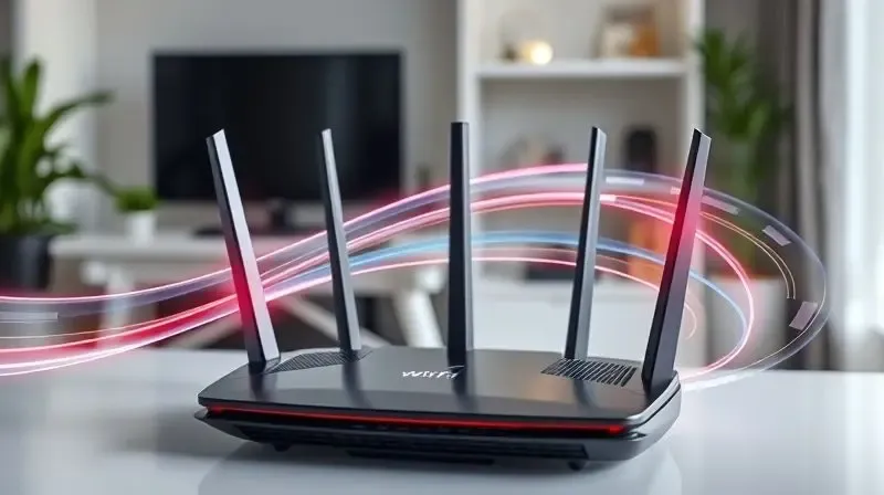 Roteador moderno com feixes de luz saindo das antenas, ilustrando a importância da velocidade e do padrão Wi-Fi na escolha de um aparelho.