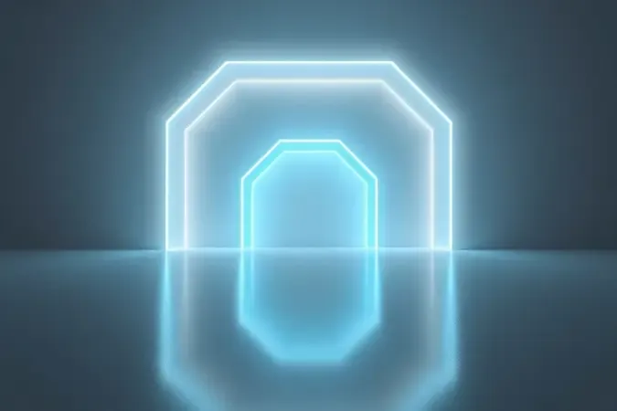 Render 3D conceitual de arcos luminosos representando padrões Wi-Fi 5, Wi-Fi 6 e Wi-Fi 6E em superfície reflexiva