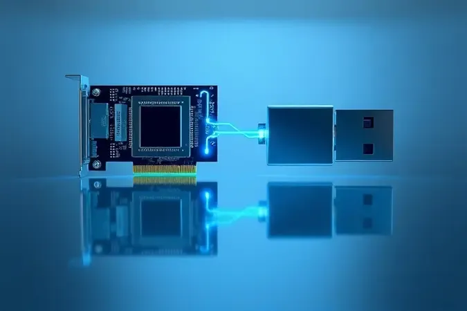 Comparação entre placa PCIe e adaptador USB para rede em render 3D conceitual com rotas de dados