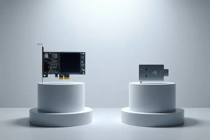 Comparação conceitual em 3D entre placa de rede PCIe e adaptador USB WiFi, ambos sem marca, em fundo gradiente neutro