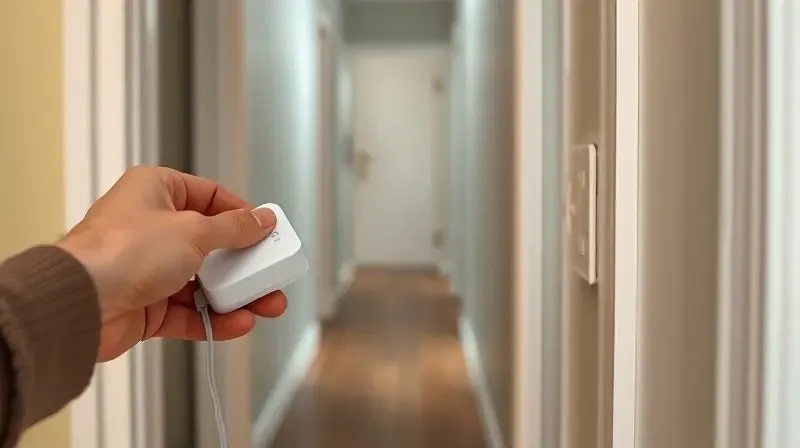 Pessoa instalando um repetidor de sinal Wi-Fi em uma tomada em um corredor, demonstrando o posicionamento ideal para melhor cobertura.