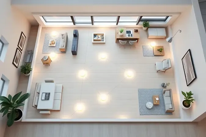 Ilustración conceitual del posicionamiento correcto de varios nodos mesh distribuidos en el plano de una casa moderna.