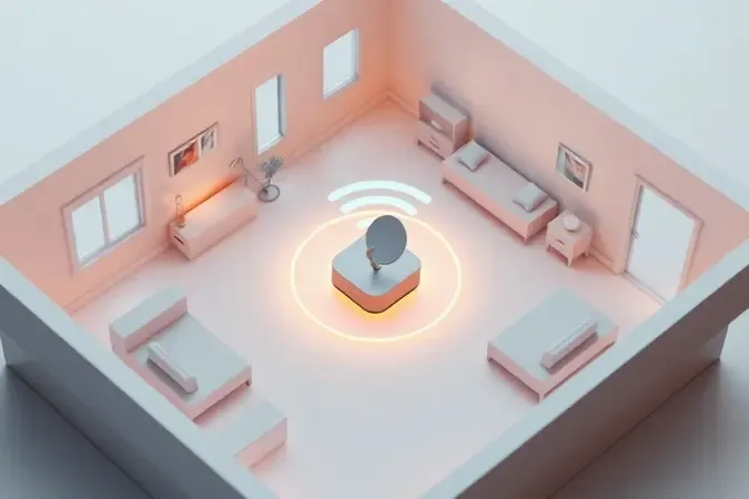 Plano arquitetónico conceitual com repetidor WiFi et posto no centro propagando ondas de sinal para óptima cobertura Starlink.