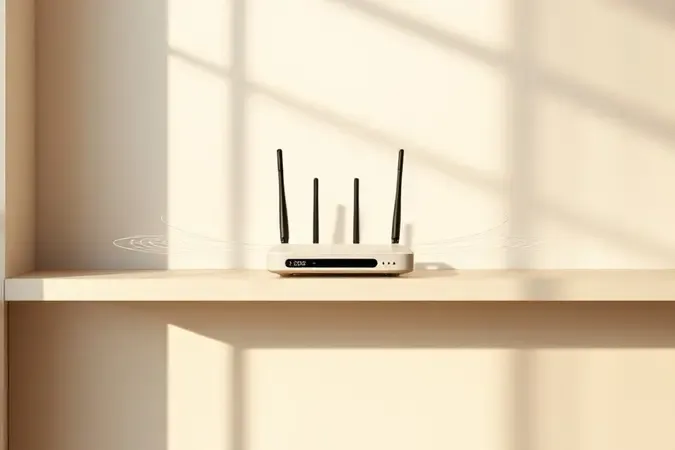 Roteador com quatro antenas posicionado em ponto elevado com linhas de sinal irradiando pelo ambiente