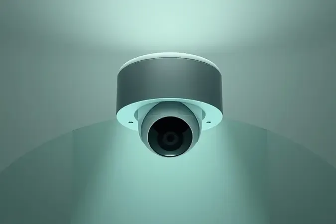 Render conceitual de privacidade com câmera interna protegida por escudo translúcido sobre fundo neutro