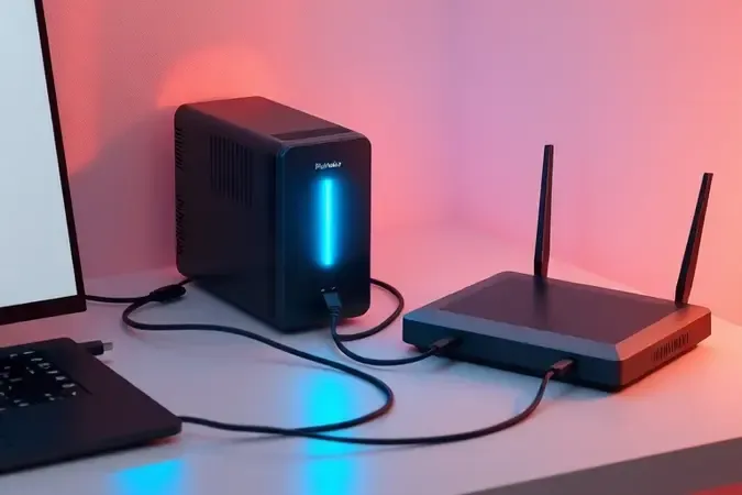 Nobreak conceitual conectado a modem e roteador por cabos de rede em cena limpa e moderna