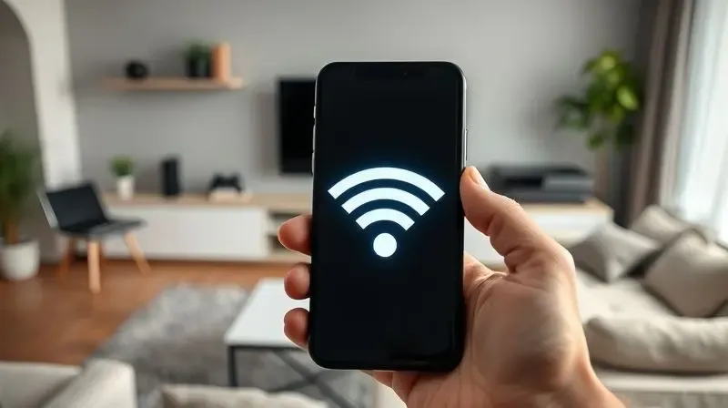 Pessoa verificando em um smartphone a compatibilidade de dispositivos como TV, notebook e console com os protocolos Wi-Fi 5, 6 e 7.