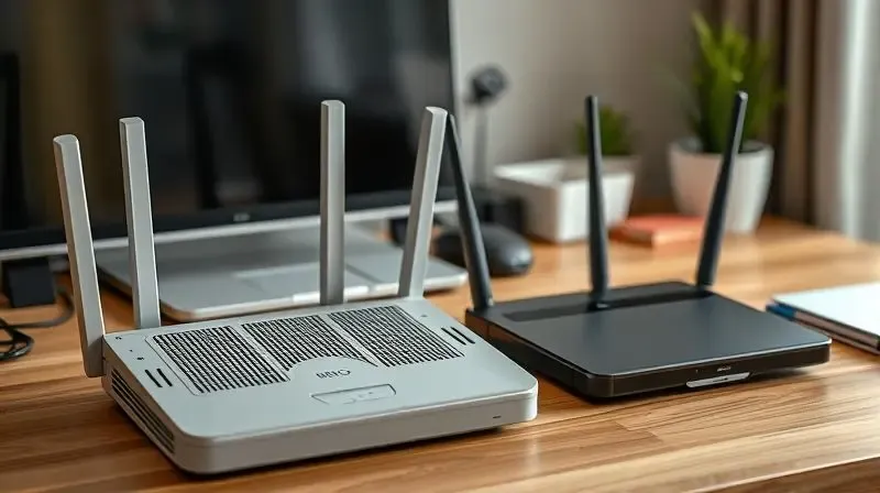 Comparação entre roteador antigo desgastado e modelo moderno para decidir troca em home office.