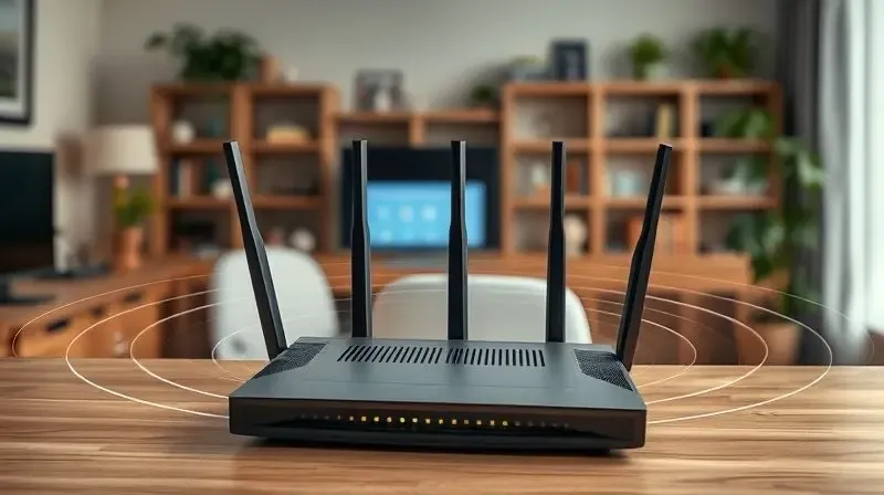 Roteador gigabit com várias antenas em setup doméstico, ilustrando ampla cobertura de sinal Wi-Fi.