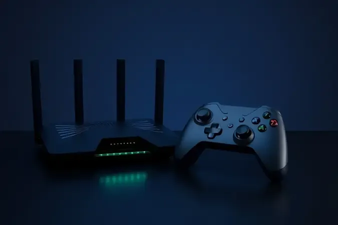 Render 3D conceitual de roteador com controle de videogame e indicadores de prioridade de rede para jogos
