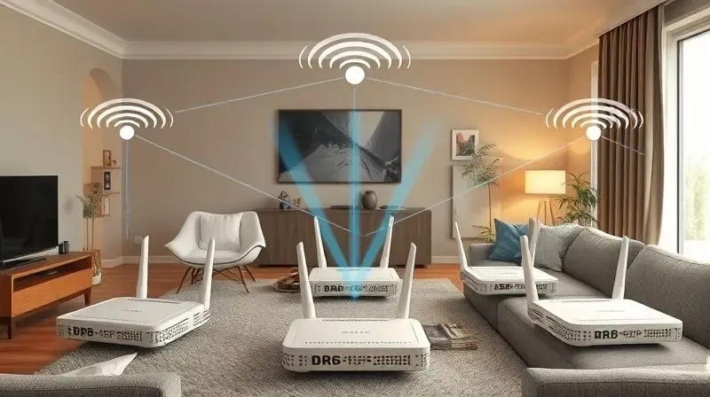 Rede Mesh com roteadores interconectados, mostrando MU-MIMO e Beamforming para conexão otimizada.