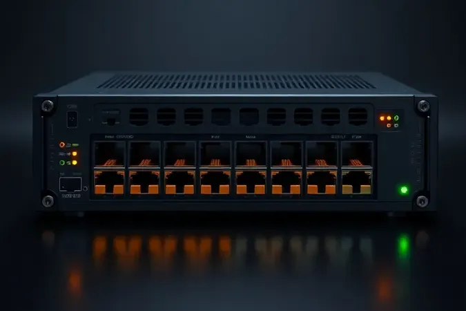 Modelo conceitual premium de switch ethernet com conectores e indicadores luminosos destacando as principais características