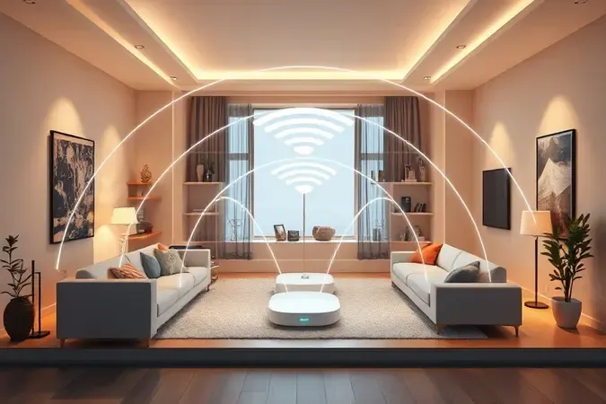 Ilustração conceitual de rede mesh com nós de roteador sem marca conectados por arcos de luz em casa moderna