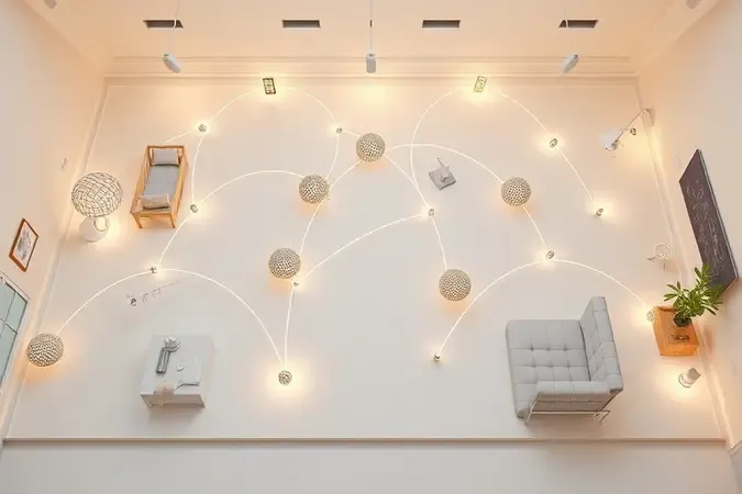 Cena 3D conceitual de uma rede mesh unificada com nós interligados por arcos luminosos em um lar moderno