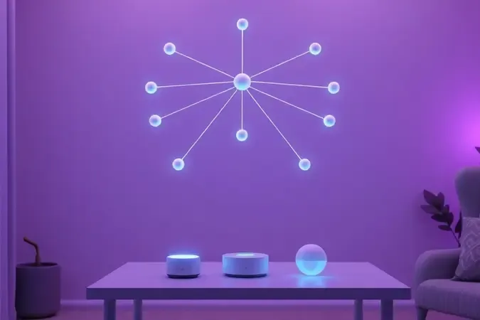 Rede mesh com nós conectados por linhas de sinal comparada a repetidor em render 3D conceitual