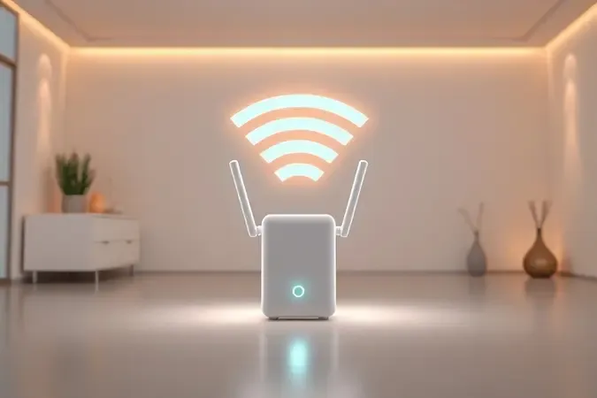 Render 3D de repetidor de sinal Wi-Fi ampliando ondas de conexão em ambiente clean.