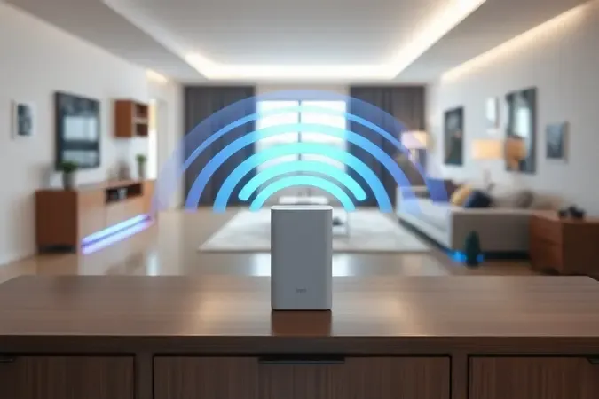 Ilustração conceitual de repetidor Wi-Fi ampliando o sinal de internet para cômodos distantes da casa