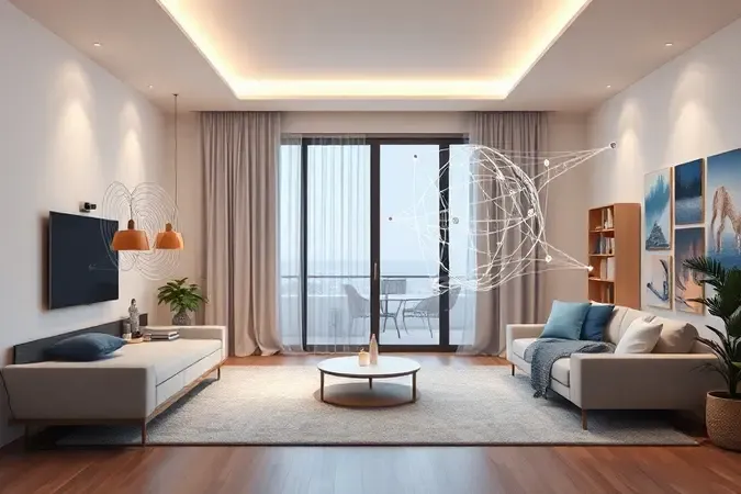 Comparação conceitual entre repetidor Wi-Fi e rede mesh em render 3D de ambiente residencial moderno