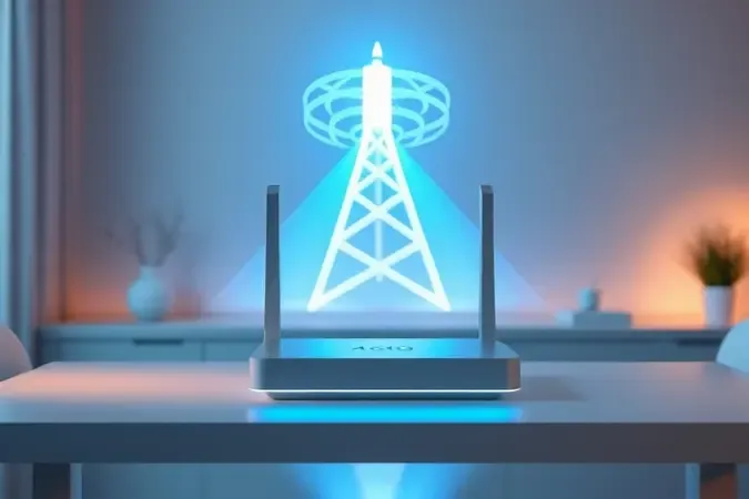 Render 3D conceitual que mostra roteador 4G recebendo ondas de sinal de rede móvel em ambiente minimalista e limpo