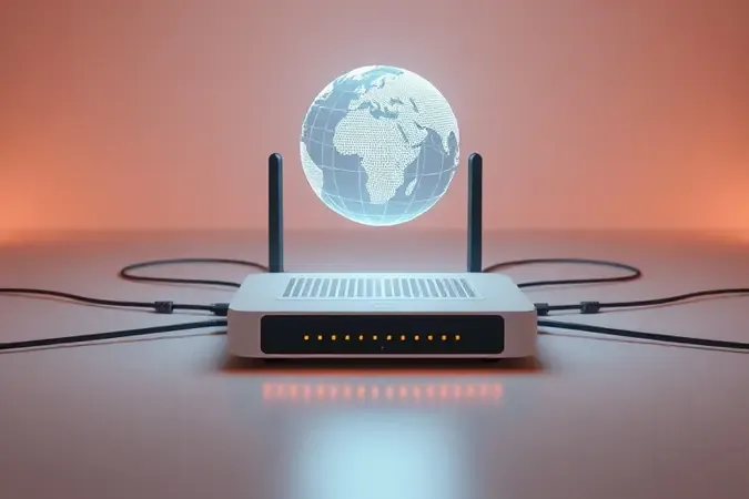 Render 3D de roteador com globo de internet luminoso e cabos ligados a nós abstratos representando arquitetura de rede