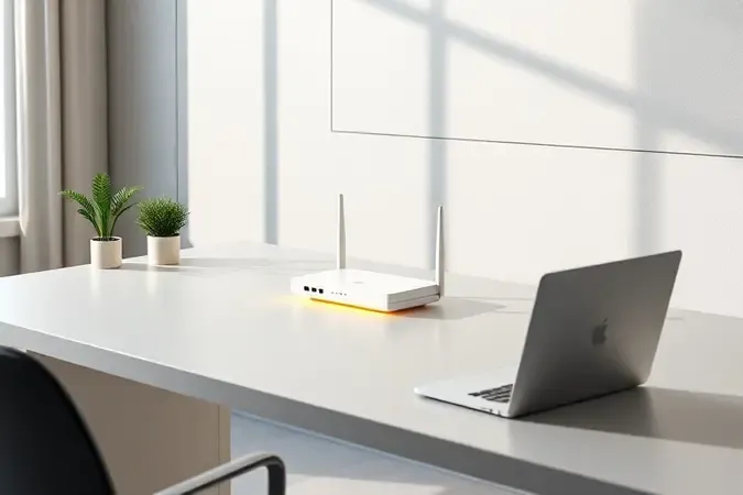 Escena de escritório minimalista com roteador conceptual abstrato e ambiente de trabalho moderno e ordenado