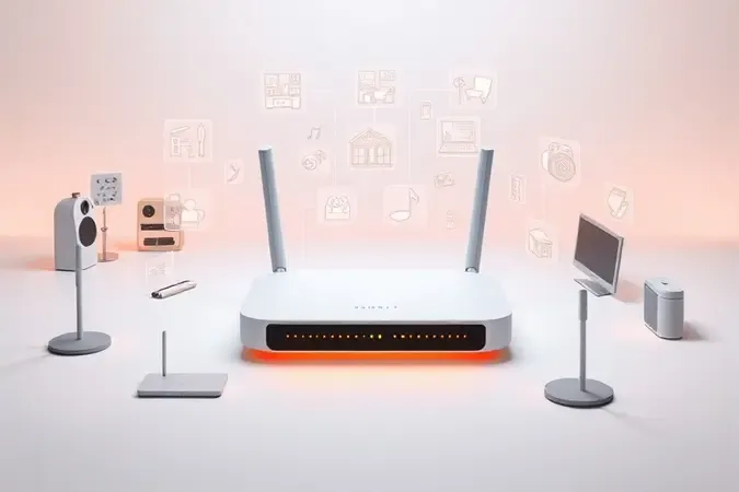 Roteador gigabit com ícones de ambientes de casa e escritório em render conceitual