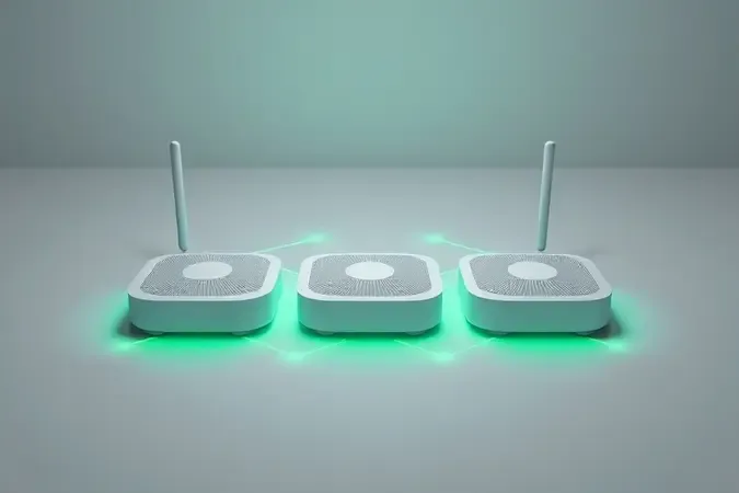 Render 3D de nós de roteador mesh interligados, representando cobertura Wi-Fi unificada pela casa.