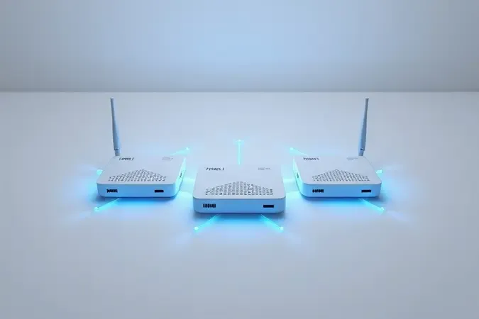 Conjunto de nós de roteador mesh conectados por linhas de luz formando rede em render 3D conceitual