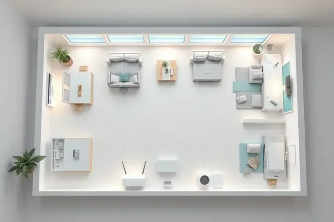 Planta de casa minimalista com nós de roteador mesh posicionados por cômodo, ilustrando cobertura proporcional ao tamanho do imóvel