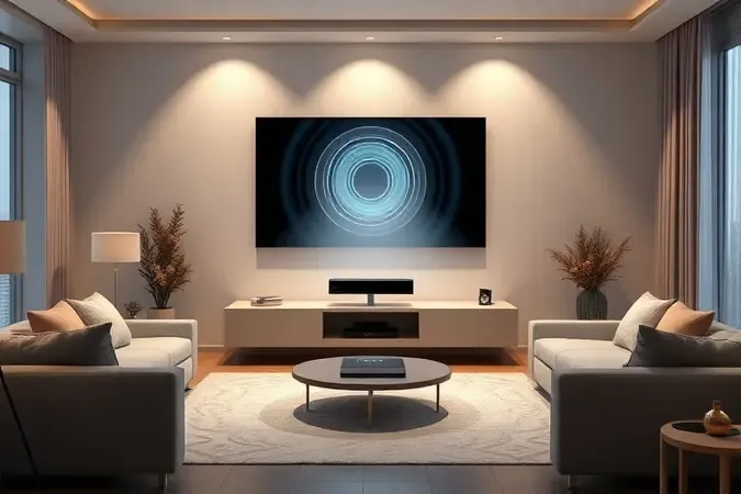 Ambiente de sala de estar moderno com dispositivo abstrato irradiando ondas de luz para transmitir conteúdo digital