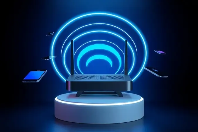 Roteador conceitual emitindo anéis de sinal luminosos representando a tecnologia de Wi-Fi 6