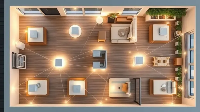 Planta de uma casa mostrando como roteadores Mesh com Wi-Fi 6 criam uma rede unificada para garantir cobertura total de sinal em todos os ambientes.