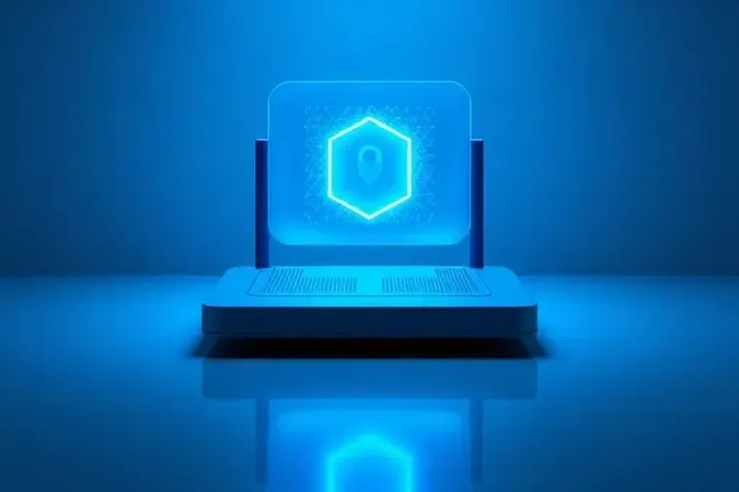 Representação conceitual de roteador sem marca protegido por escudo translúcido de segurança cibernética com malha luminosa