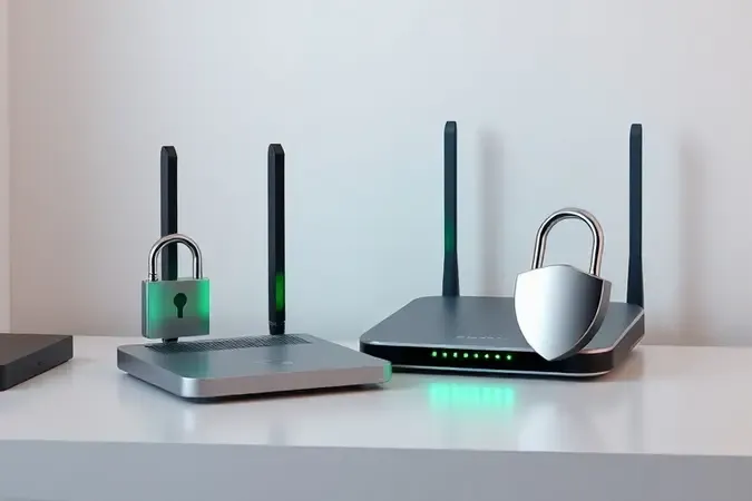 Roteador moderno com cadeado metálico e escudo simbolizando segurança em render 3D conceitual