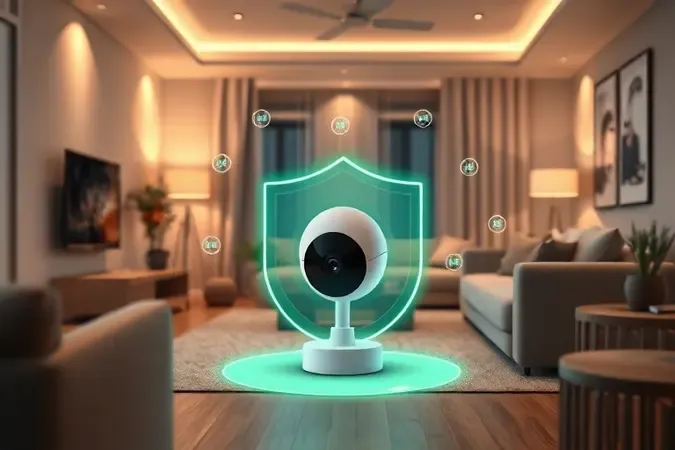Render 3D conceitual de câmera wifi protegida por escudo digital translúcido e nós de rede em sala moderna