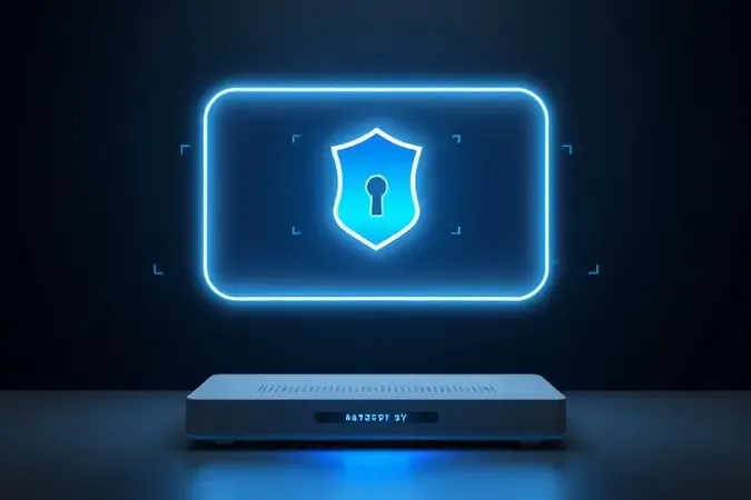 Proteção digital de rede com roteador sem marca sob escudo de segurança translúcido em 3D