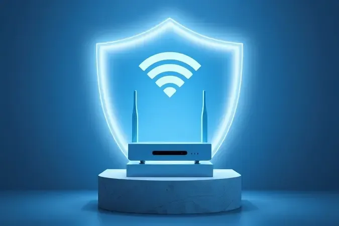 Concepto 3D de red Wi-Fi doméstica protegida por un escudo de luz digital para seguridad en línea.