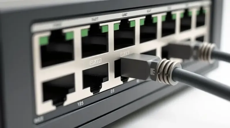 Ilustração dos portos Ethernet Gigabit em roteador, explicando velocidades 10/100/1000 Mbps.