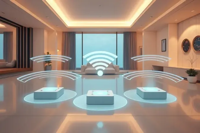 Sistema mesh Wi-Fi conceitual com vários nós distribuídos por um ambiente moderno, render 3D com iluminação suave.