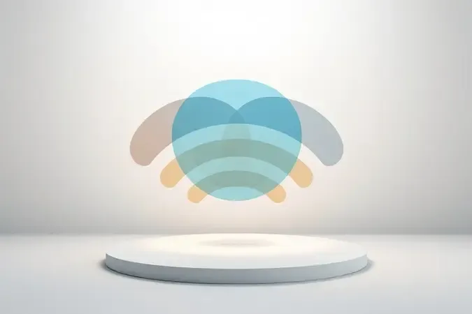 Render conceitual de anéis translúcidos sobrepostos em azul e âmbar simbolizando interferência de canais Wi-Fi