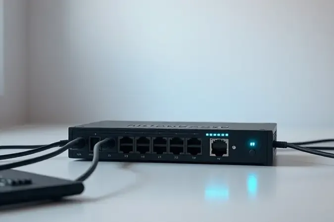 Render 3D de switch de rede com cabos ethernet distribuindo conexões em mesa limpa e iluminação suave