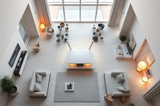 Representação conceitual de casa moderna com sinais de Wi-Fi se espalhando pelos cômodos conforme o tamanho do ambiente