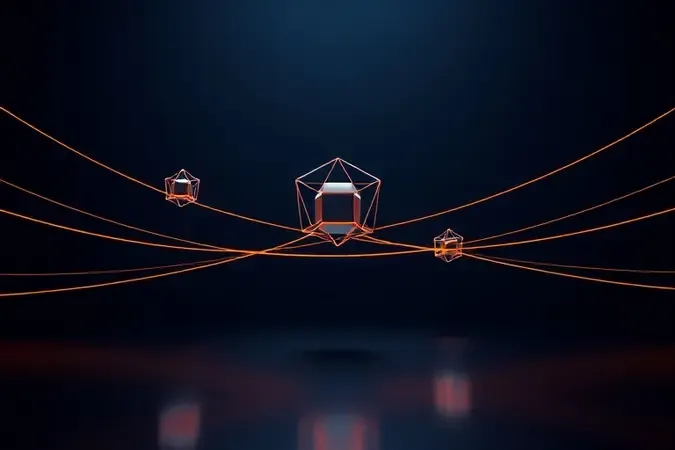 Cena conceitual de rede mesh com feixes de luz paralelos conectando módulos geométricos flutuantes
