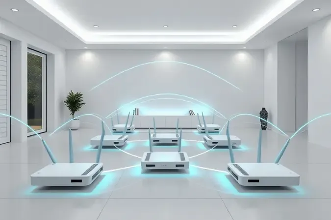 Nós de rede mesh conectados por linhas de luz em ambiente doméstico moderno e limpo, simbolizando cobertura Wi-Fi total