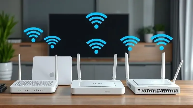 Diferentes tipos de roteadores Wi-Fi 5, 6, 7 e mesh dispostos em setup moderno para comparação.