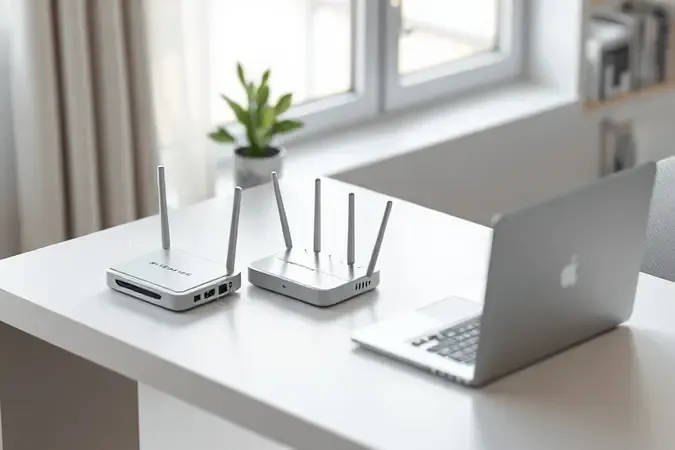 Render conceitual de uso prático da internet portátil com roteador, modem e notebook na mesa