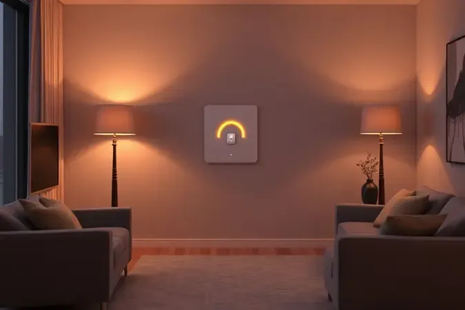 Interruptor inteligente minimalista em sala moderna com luz âmbar aconchegante e ambiente residencial sofisticado