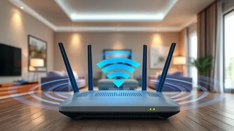 Roteador Wi-Fi unbranded demonstrando velocidade e cobertura de sinal em ambiente residencial amplo.