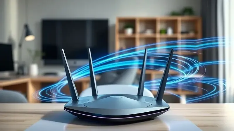 Imagem conceitual mostrando um roteador Wi-Fi 6 emitindo feixes de luz que representam alta velocidade e desempenho de internet em Mbps e Gbps.